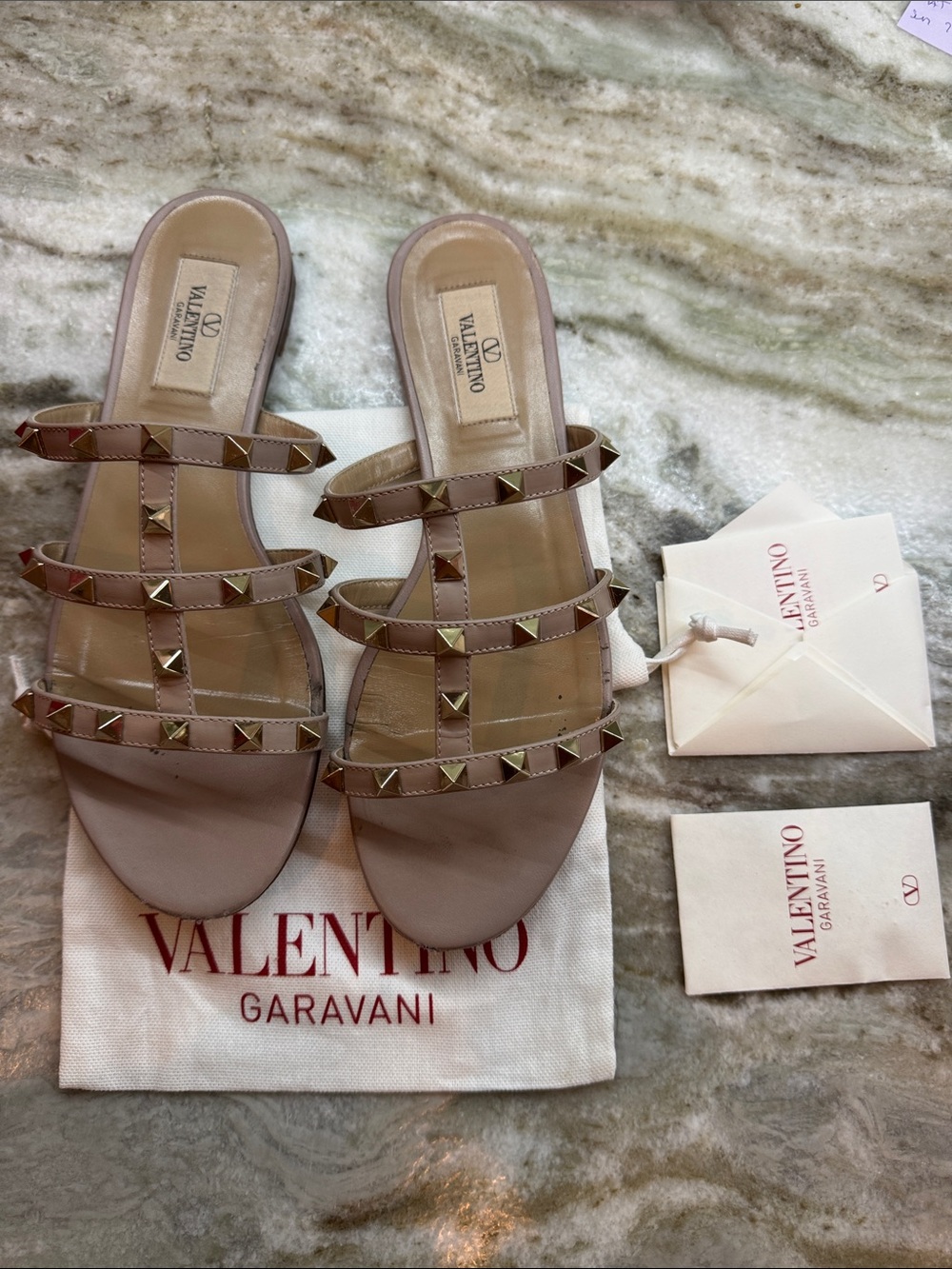 Valentino Garavani Beige Rockstud Triple-Strap Slide Sandals